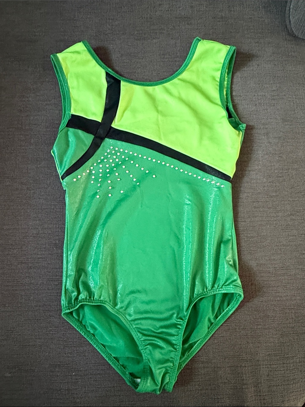Girls' Neon Green Gymnastics Leotard with Rhinestone Accents